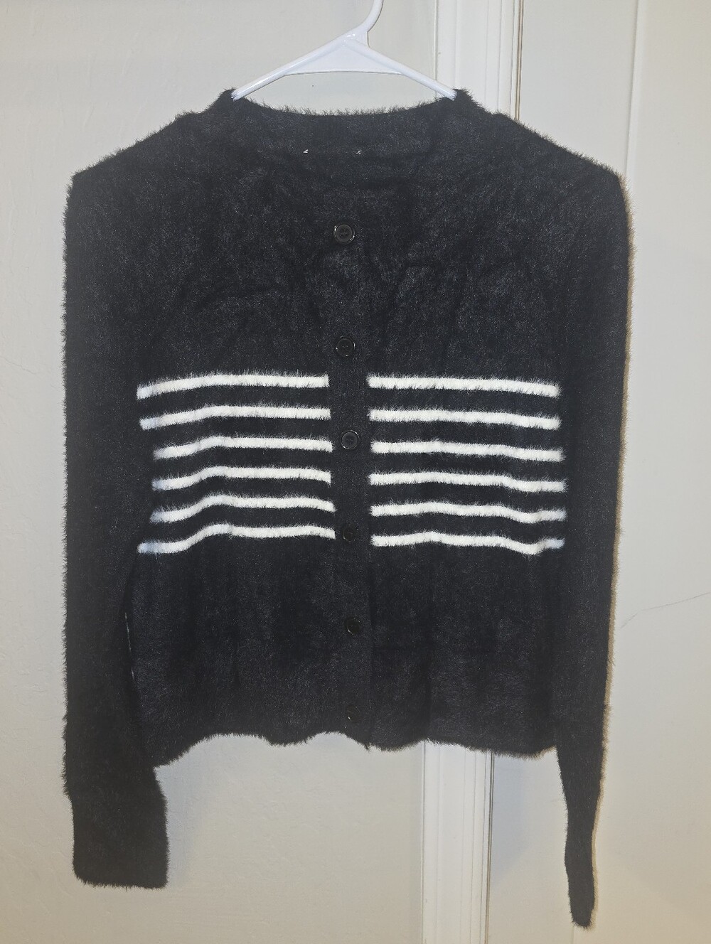 NWOT Express Black Fuzzy Button-Front Cardigan w/ White Stripes Size: Small